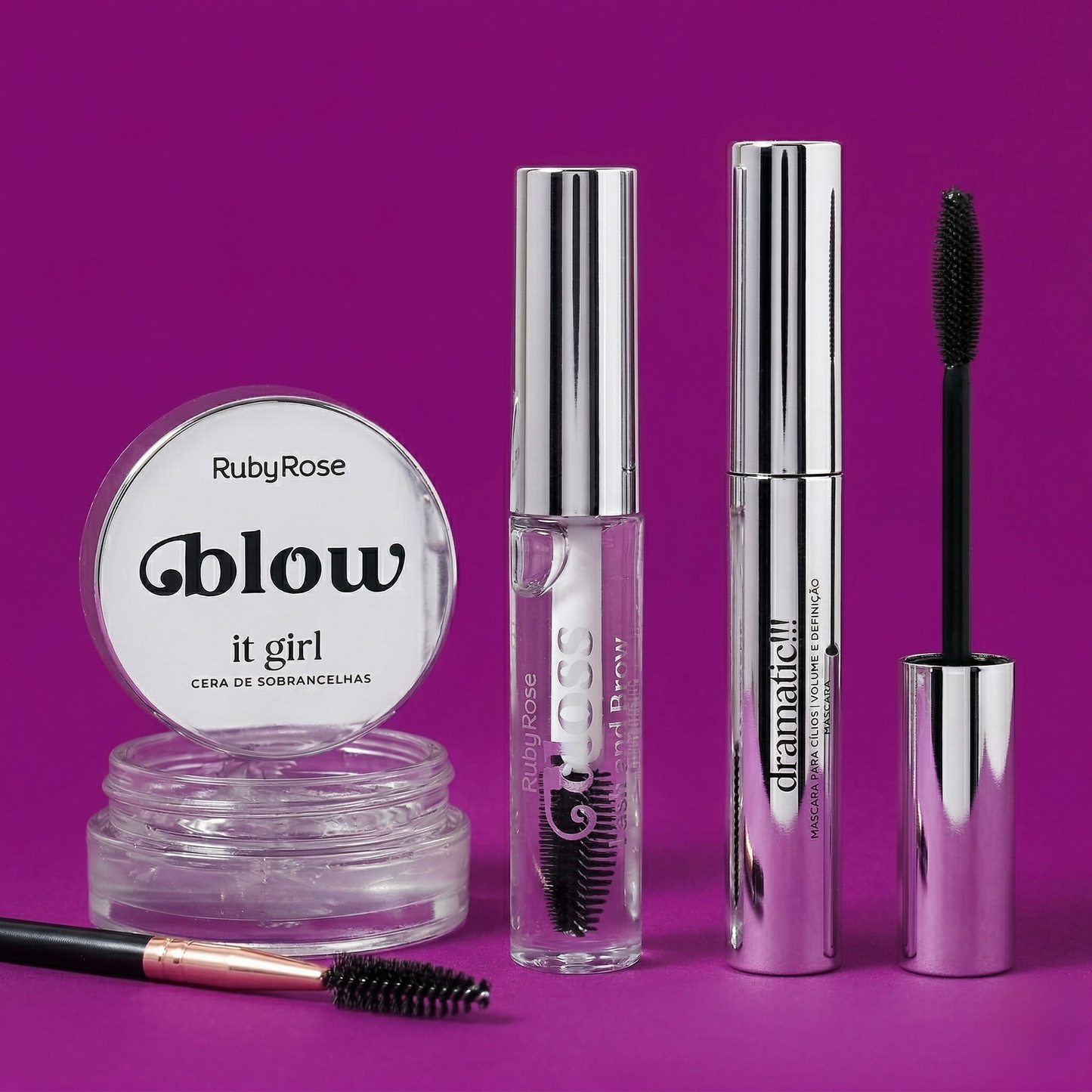 Kit Olhar It Girl - Cera de Sobrancelha + Gel Fixador + Máscara de Cílios - Ruby Rose